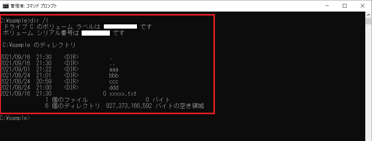 dirコマンドの実行を確認