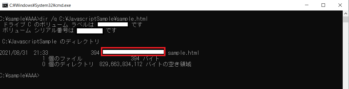 dirコマンドで所有者を確認