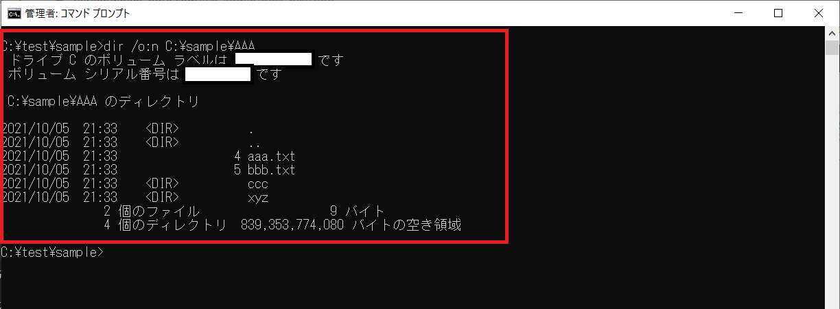 dirコマンドの実行を確認