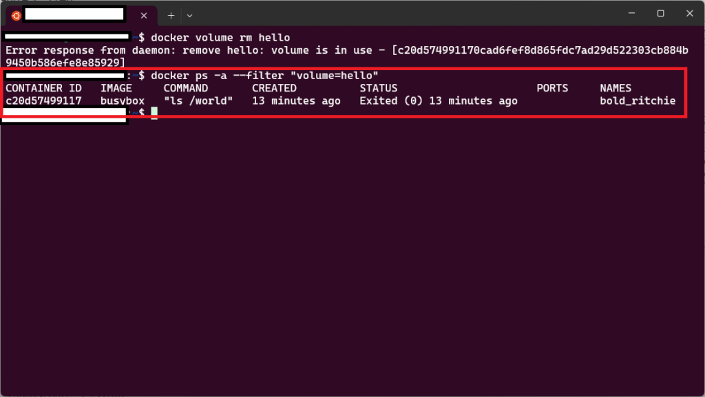 Dockerのdocker volume rmコマンドをたたいた時エラーメッセージ「Error response from daemon: remove ○○: volume is in use」が表示されたときの原因と解決策