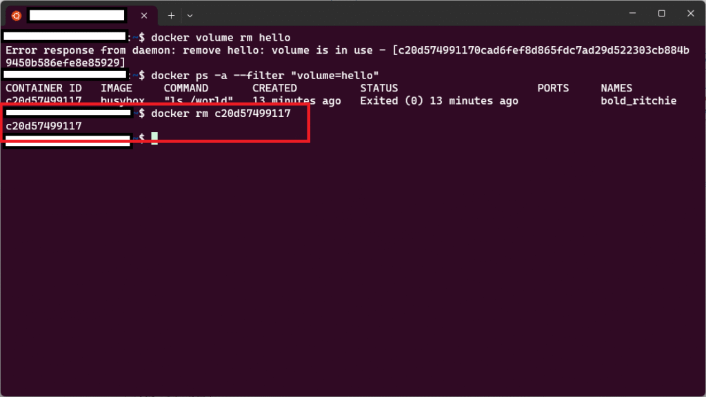 Dockerのdocker volume rmコマンドをたたいた時エラーメッセージ「Error response from daemon: remove ○○: volume is in use」が表示されたときの原因と解決策