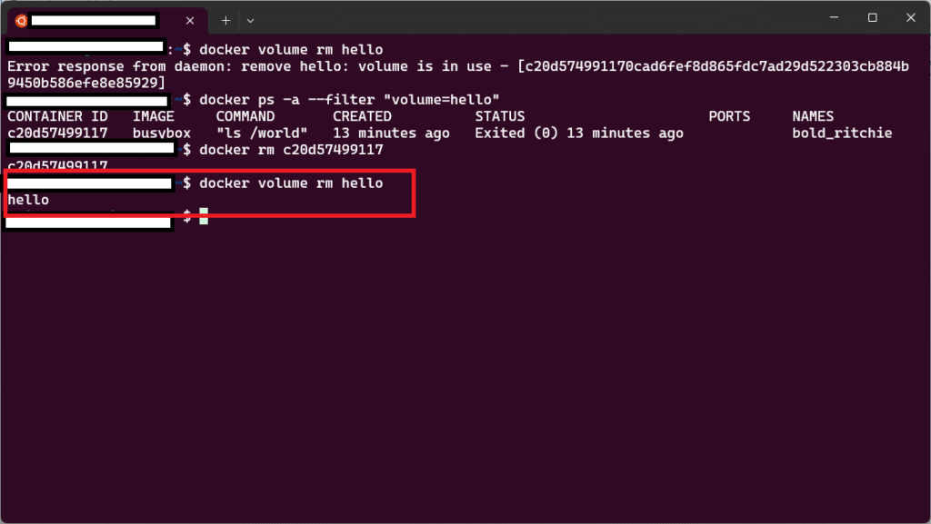 Dockerのdocker volume rmコマンドをたたいた時エラーメッセージ「Error response from daemon: remove ○○: volume is in use」が表示されたときの原因と解決策