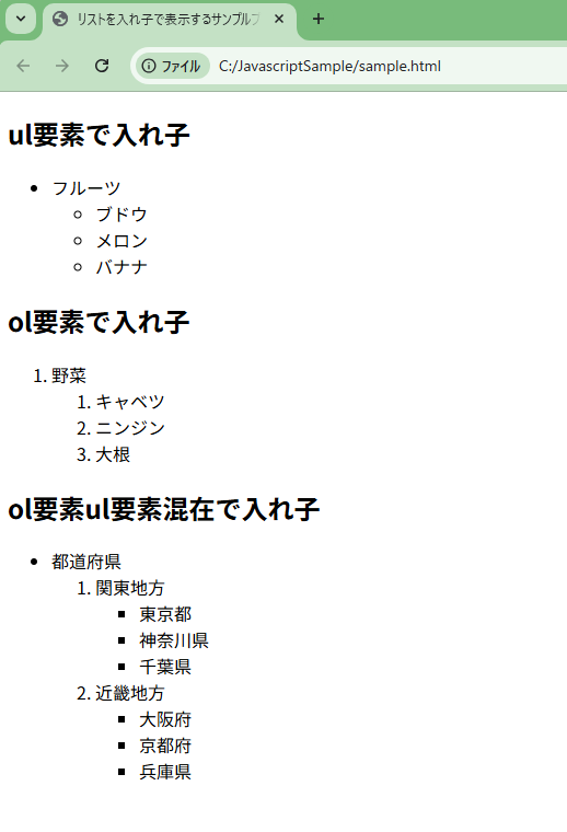 HTMLのulやolのリストを入れ子で表示するサンプルプログラム